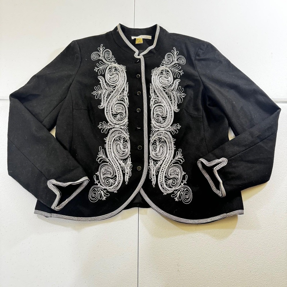 VTG Peter Nygard Black Embroidered Jacket Blazer Women's Size 12 Wool Blend Chic